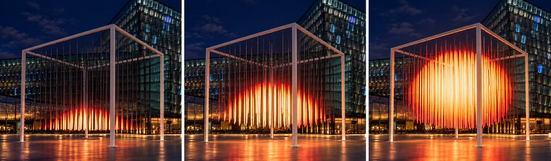 Celestial Echo 3D concept in three stages: a sun of glowing vertical rods rising inside an open white frame on a plaza at night