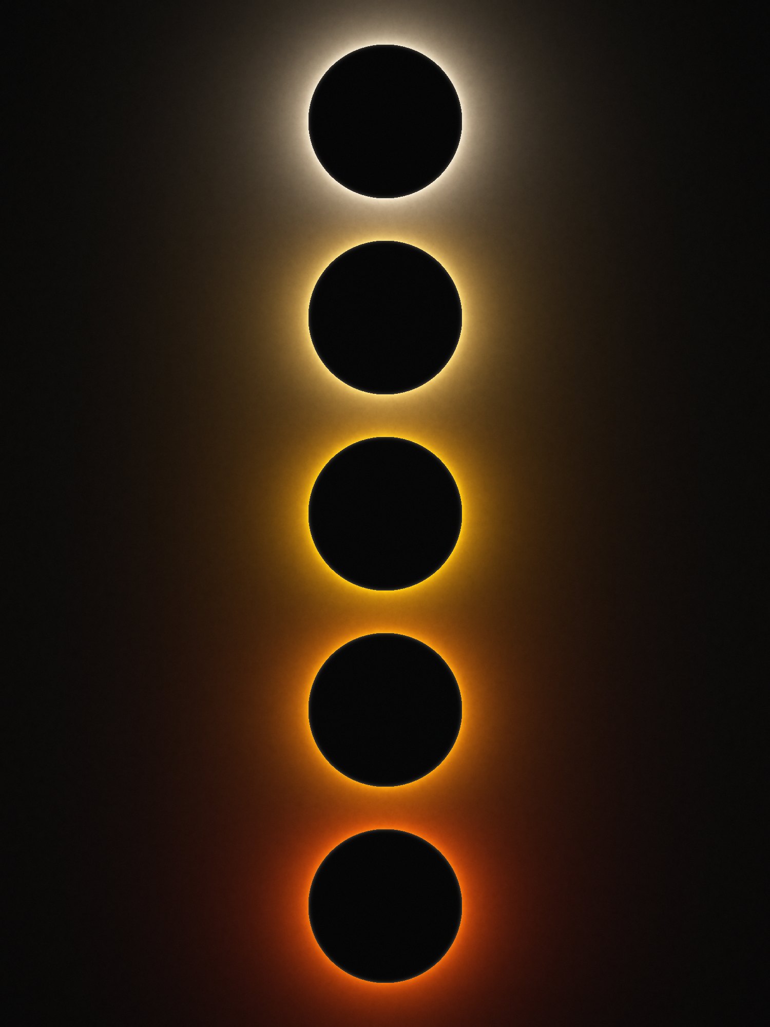 Five dark eclipse discs stacked vertically on a dark wall, their halos shifting from warm white at the top through amber to deep red at the bottom