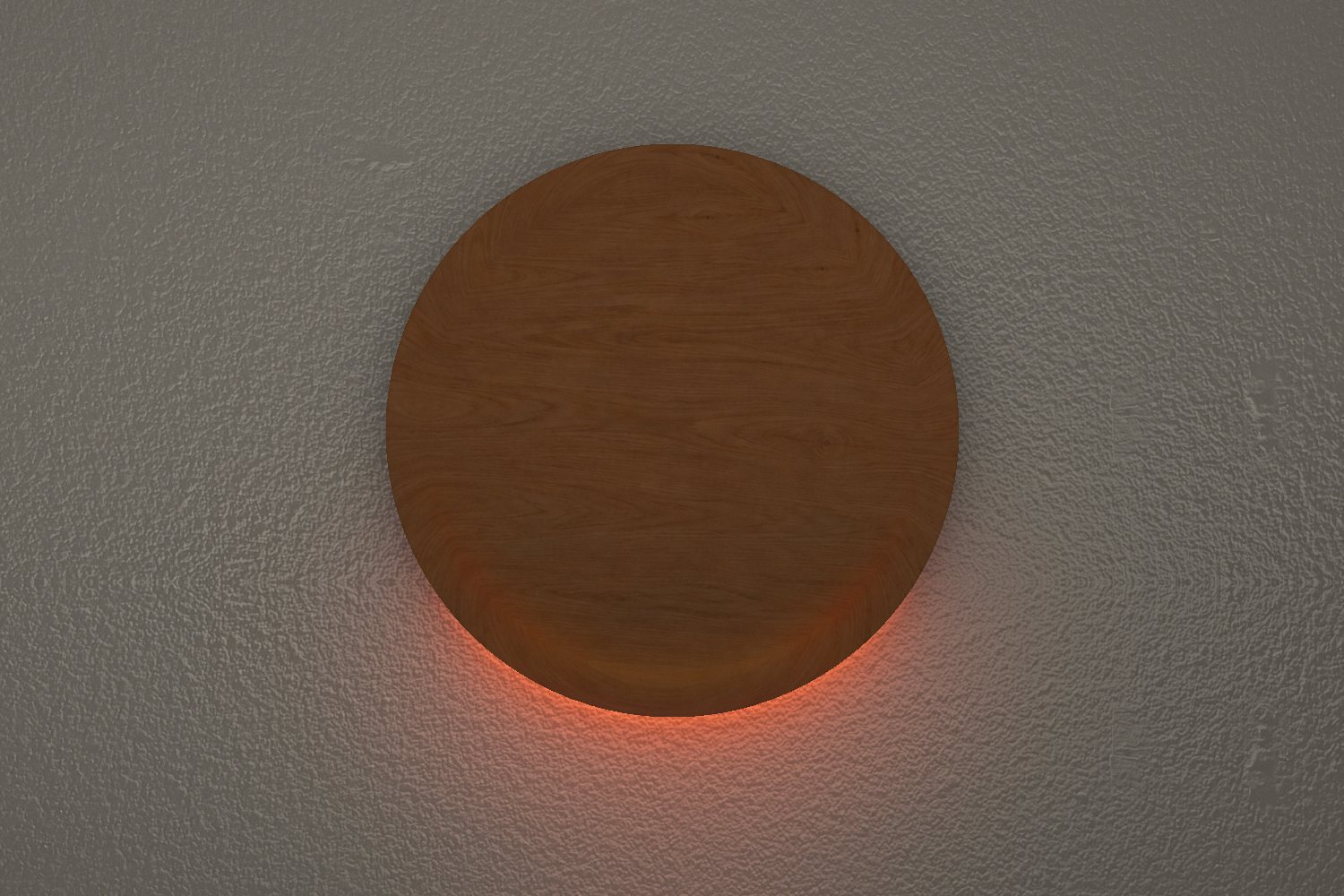 Oak disc on a plaster wall, a thin red crescent of light along its bottom edge