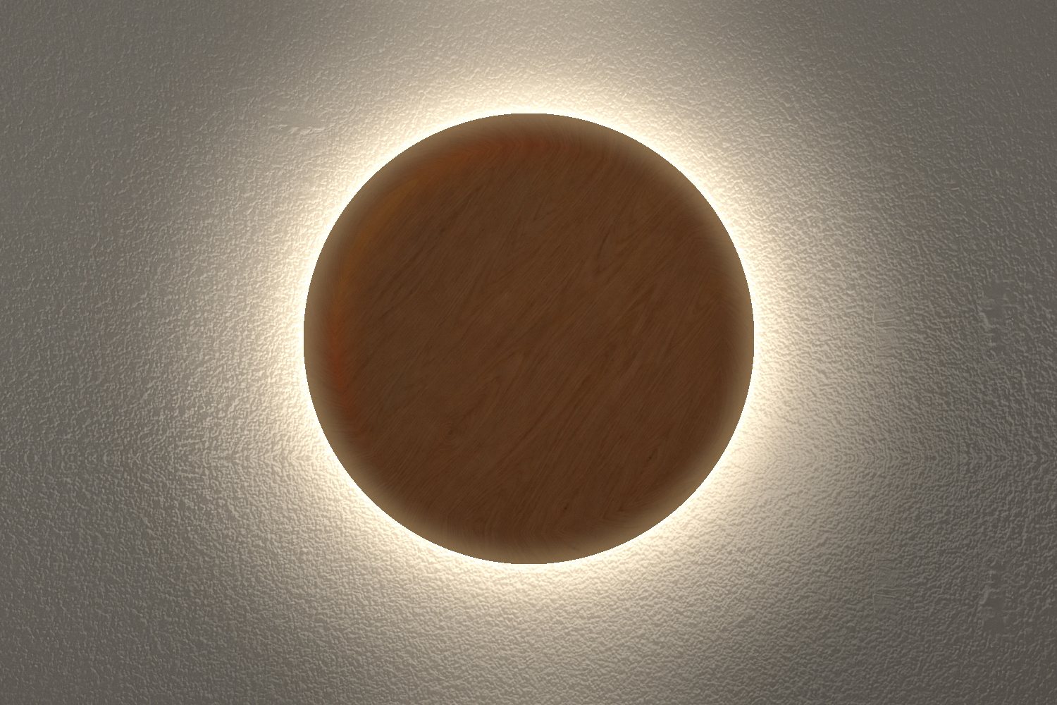 Celestial Mento: an oak disc on a plaster wall with a full warm-white halo