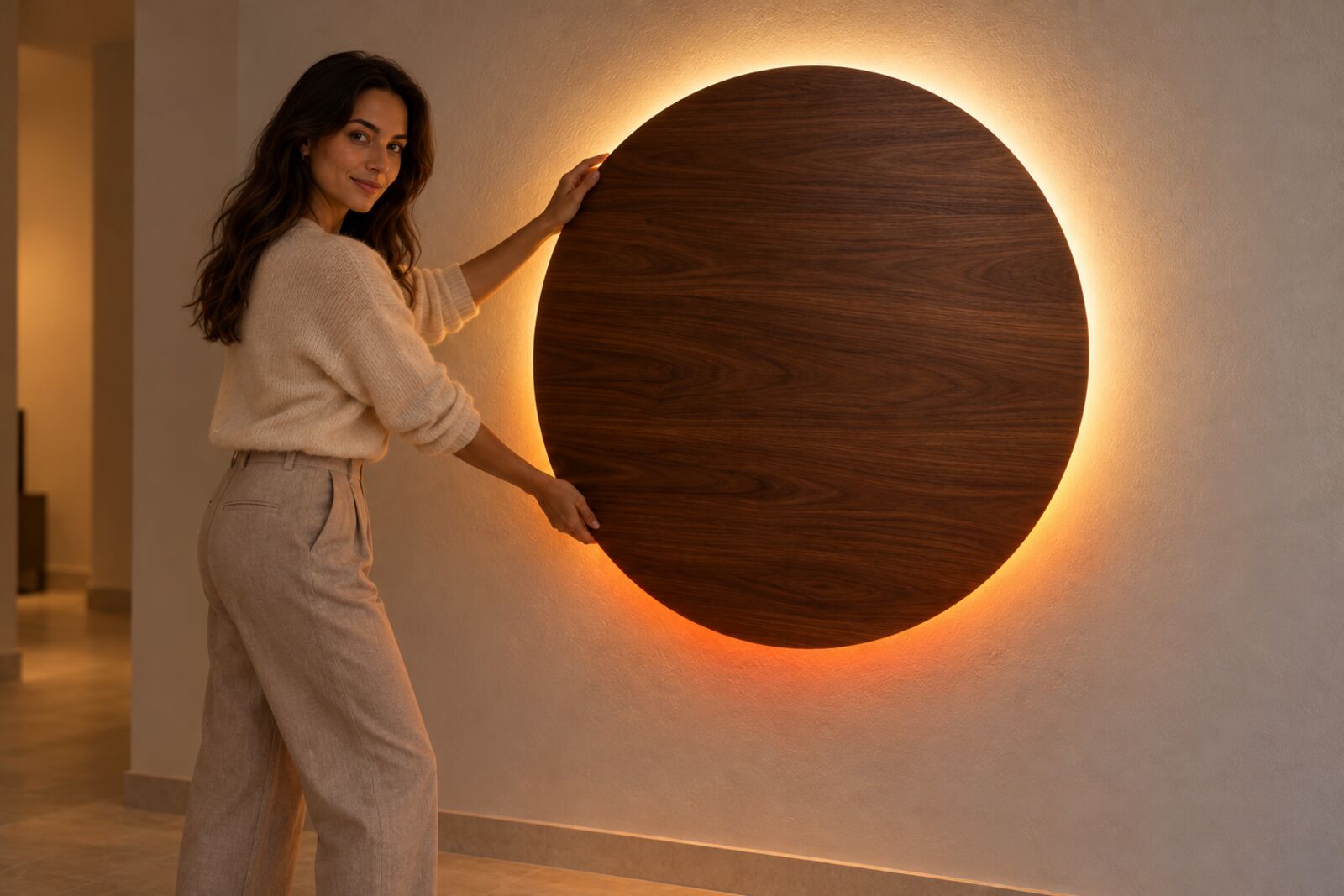 Concept: a woman turns a large walnut disc on a wall, warm light glowing around its edge